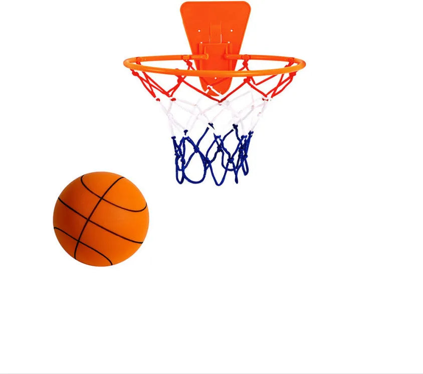 Assorted bright coloured silent high-density foam basketballs in different sizes with a basketball frame.