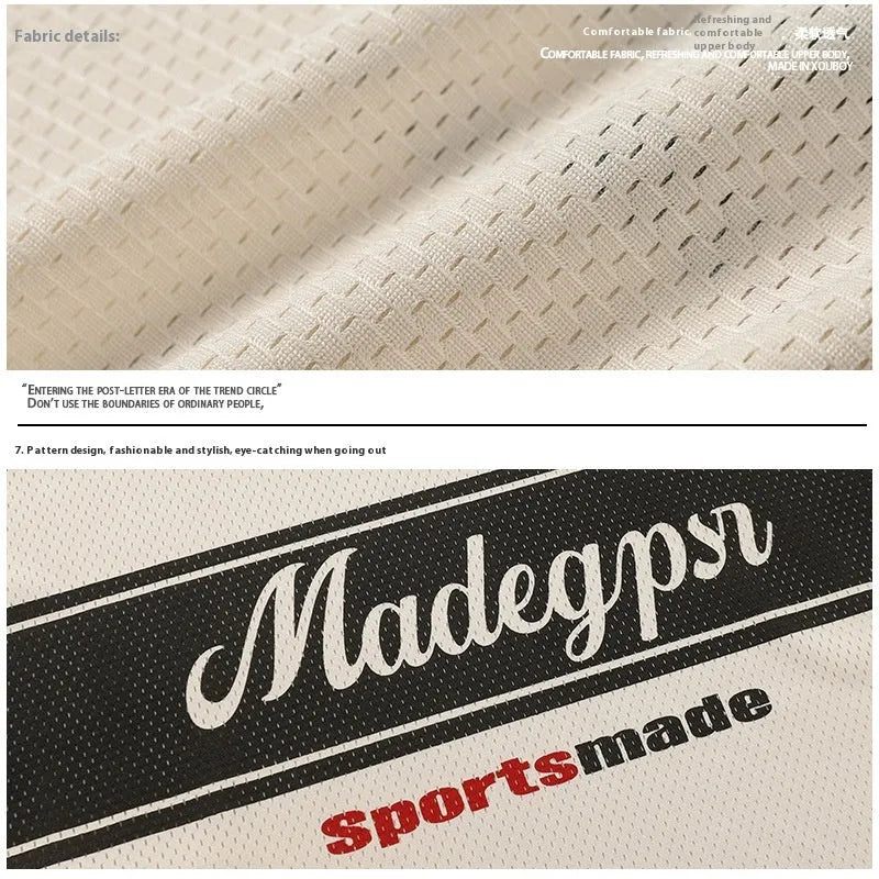 Apricot coloured men's V-neck short sleeve sports jersey with a loose fit and letter pattern detail.
