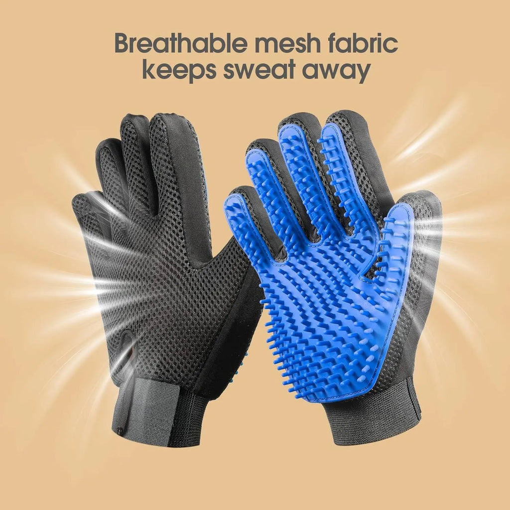Blue pet grooming gloves with silicone massage tips for dogs and cats