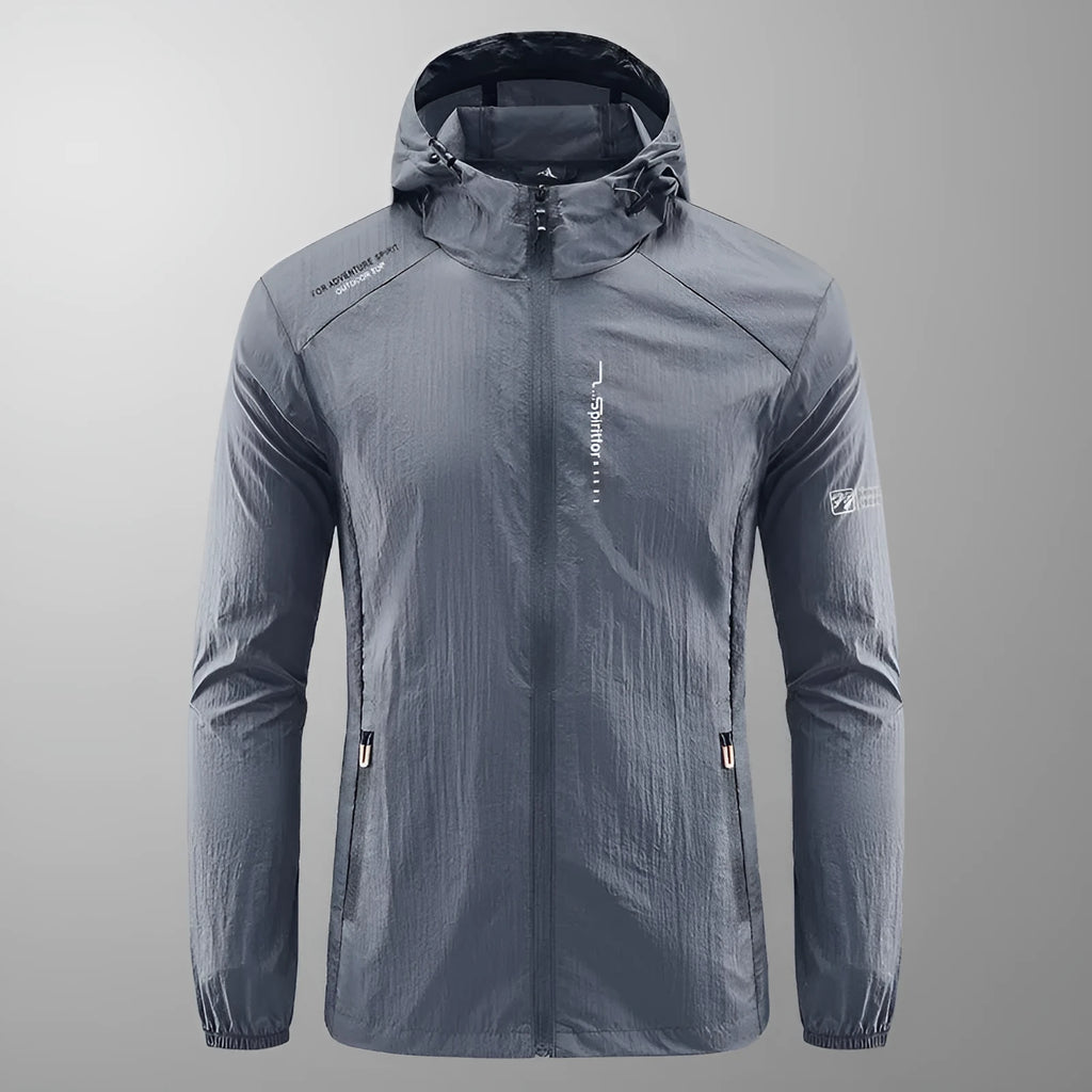 Men's light grey summer hooded jacket in thin nylon fabric with loose fit
