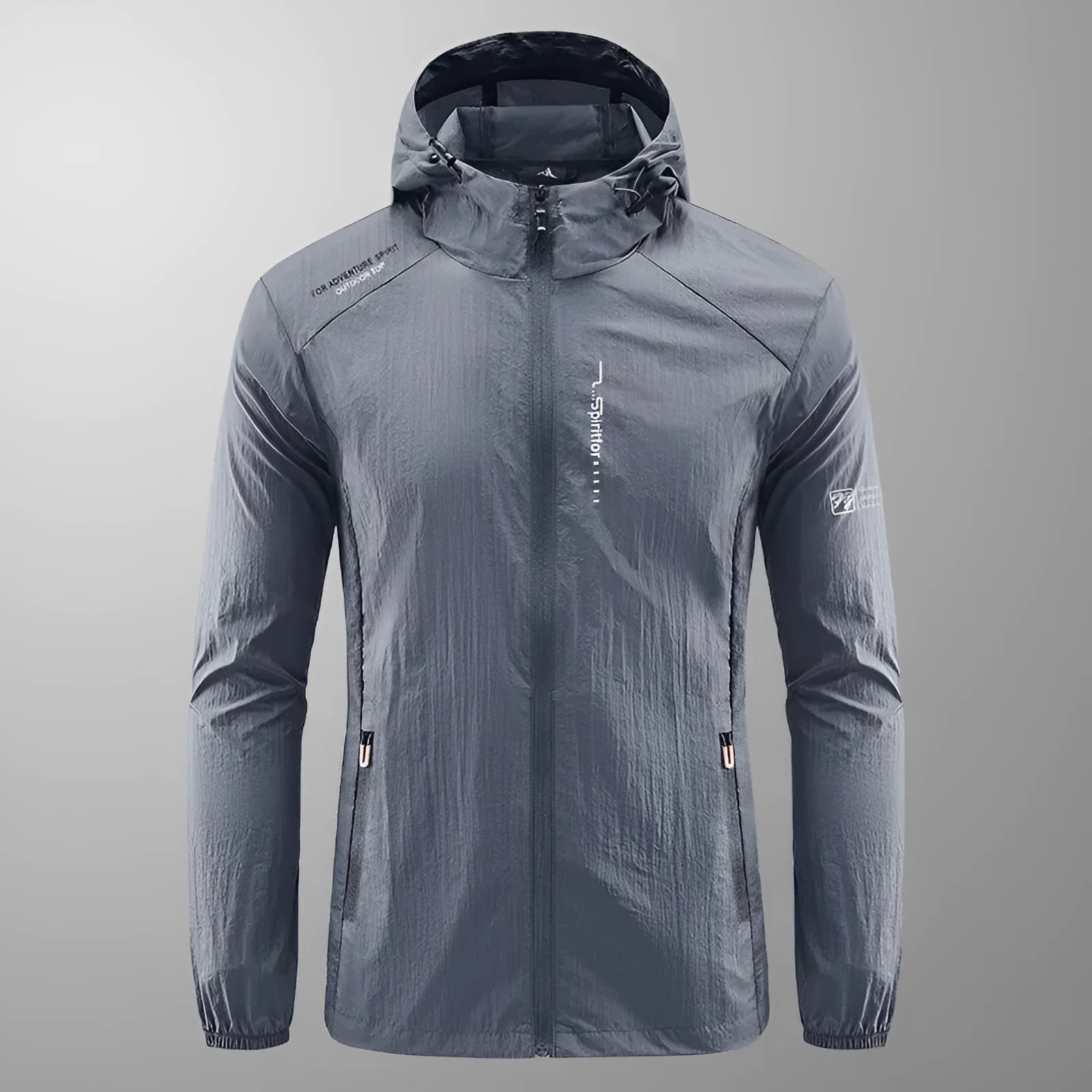 Men's light grey summer hooded jacket in thin nylon fabric with loose fit