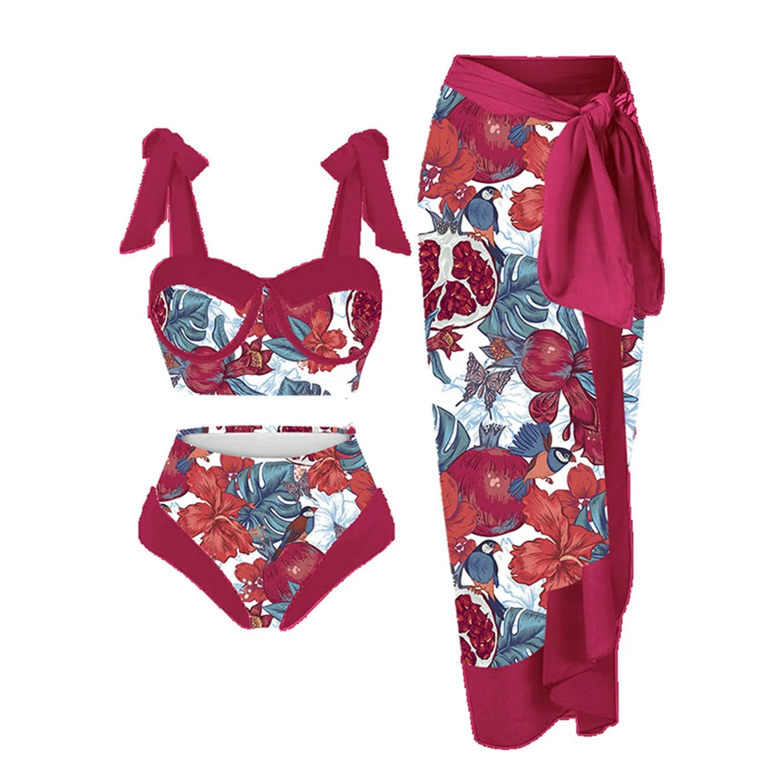 Women's printing split swimsuit three-piece in polyester fabric with high elasticity
