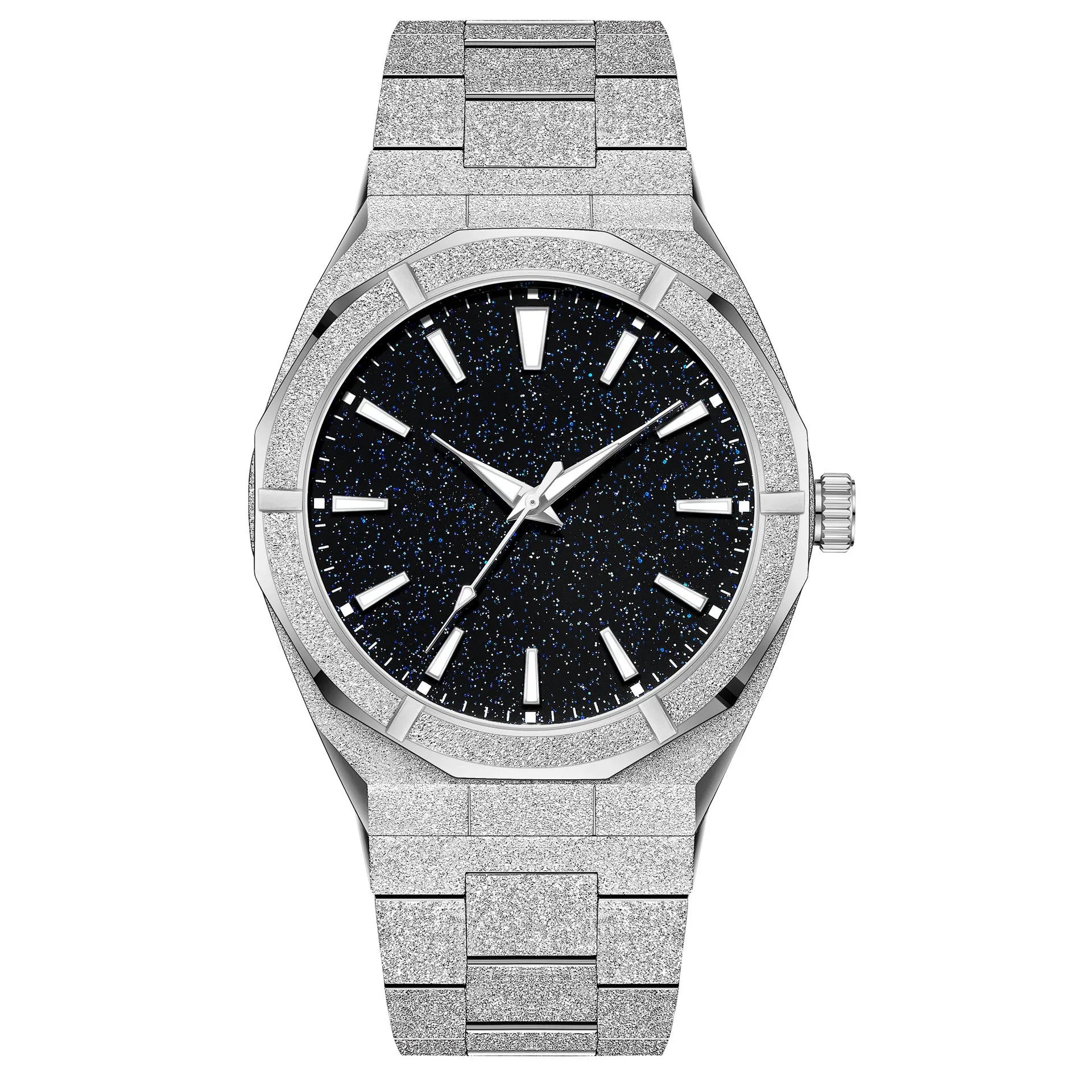 Business men's stainless steel watch with frosted case and luminous markers in silver, gold or black