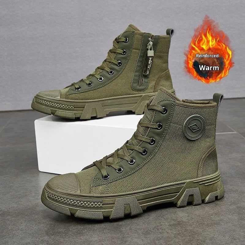 Breathable men's high-top non-slip protective shoes with side zipper, fabric upper, rubber sole, khaki colour