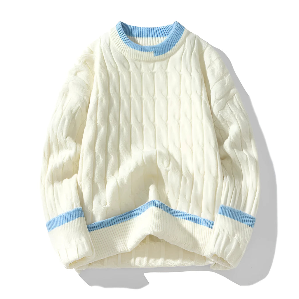 Men's loose fit two-piece acrylic modal sweater set in light blue, sporty pullover style.