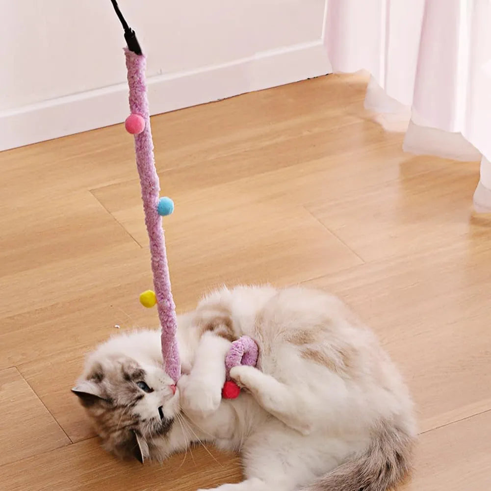Blue interactive cat wand toy with a long plush strip, fluffy ball, and bells on a 41cm pole.
