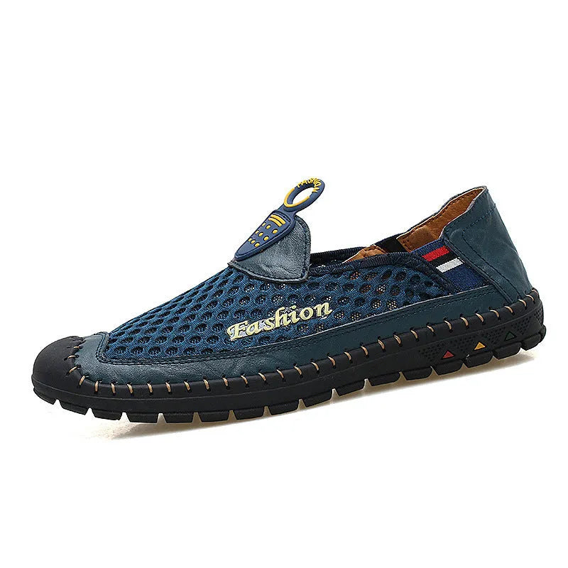Men's brown casual shoes with mesh upper and rubber sole, showing round toe and stitching detail