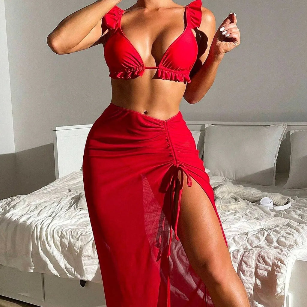 Women's three-piece split bikini set with skirt in colorful polyester fabric available in sizes S to XXXL