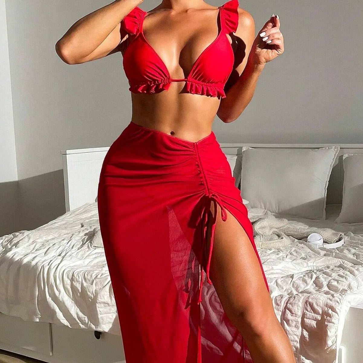 Women's three-piece split bikini set with skirt in colorful polyester fabric available in sizes S to XXXL