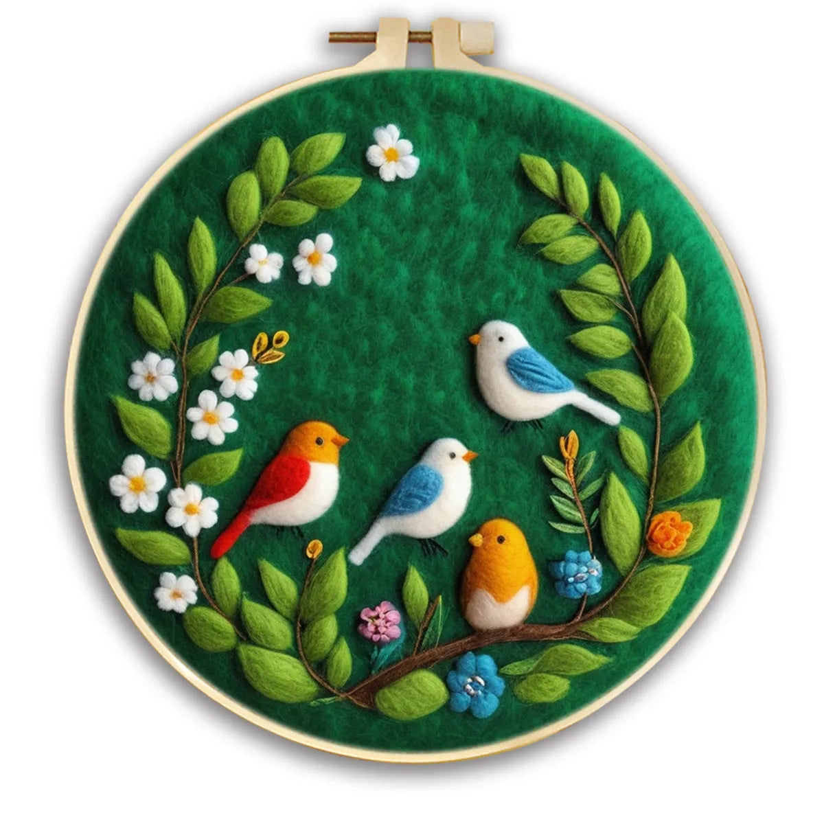 Round linen embroidery kit with wool felt materials for three-dimensional floral design