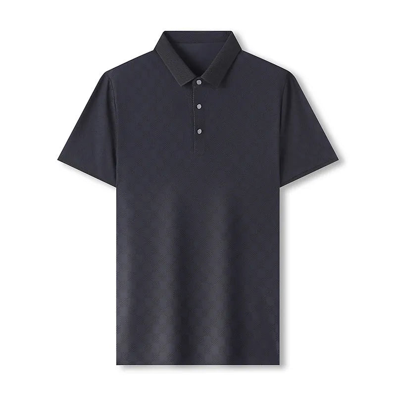 Men's black thin ice silk T-shirt with a rhombus pattern and slit detail on the front.