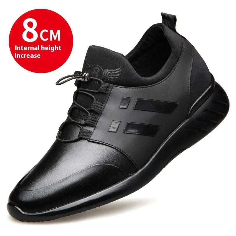 Men's black casual shoes with hidden height increase, showing chunky rubber sole and choice of leather or mesh upper