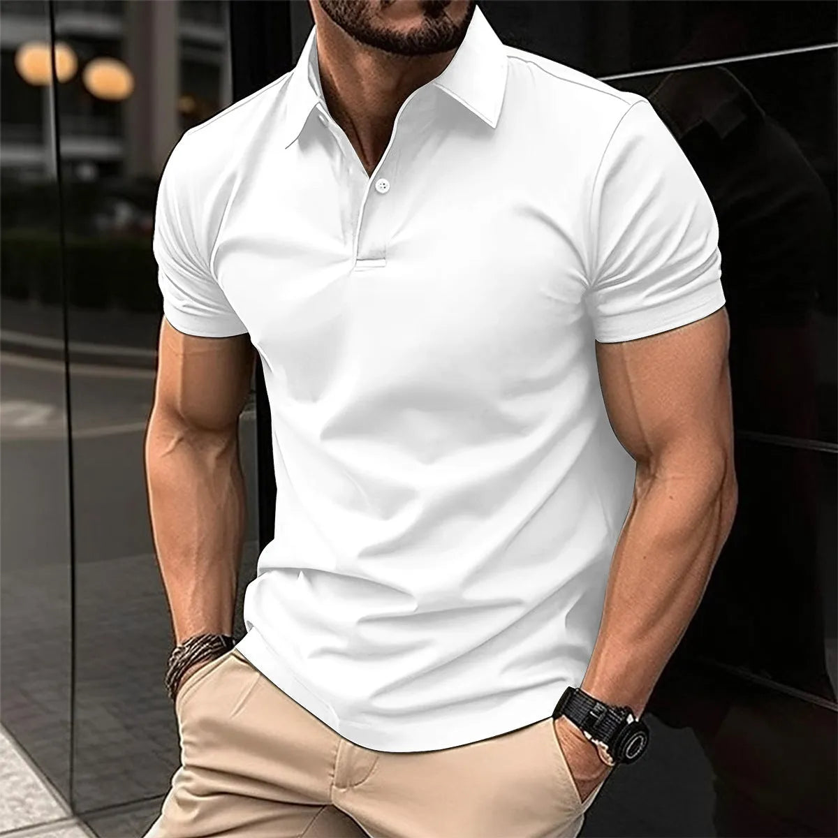 Men's solid colour polo shirt with short sleeves and button lapel in cotton blend fabric