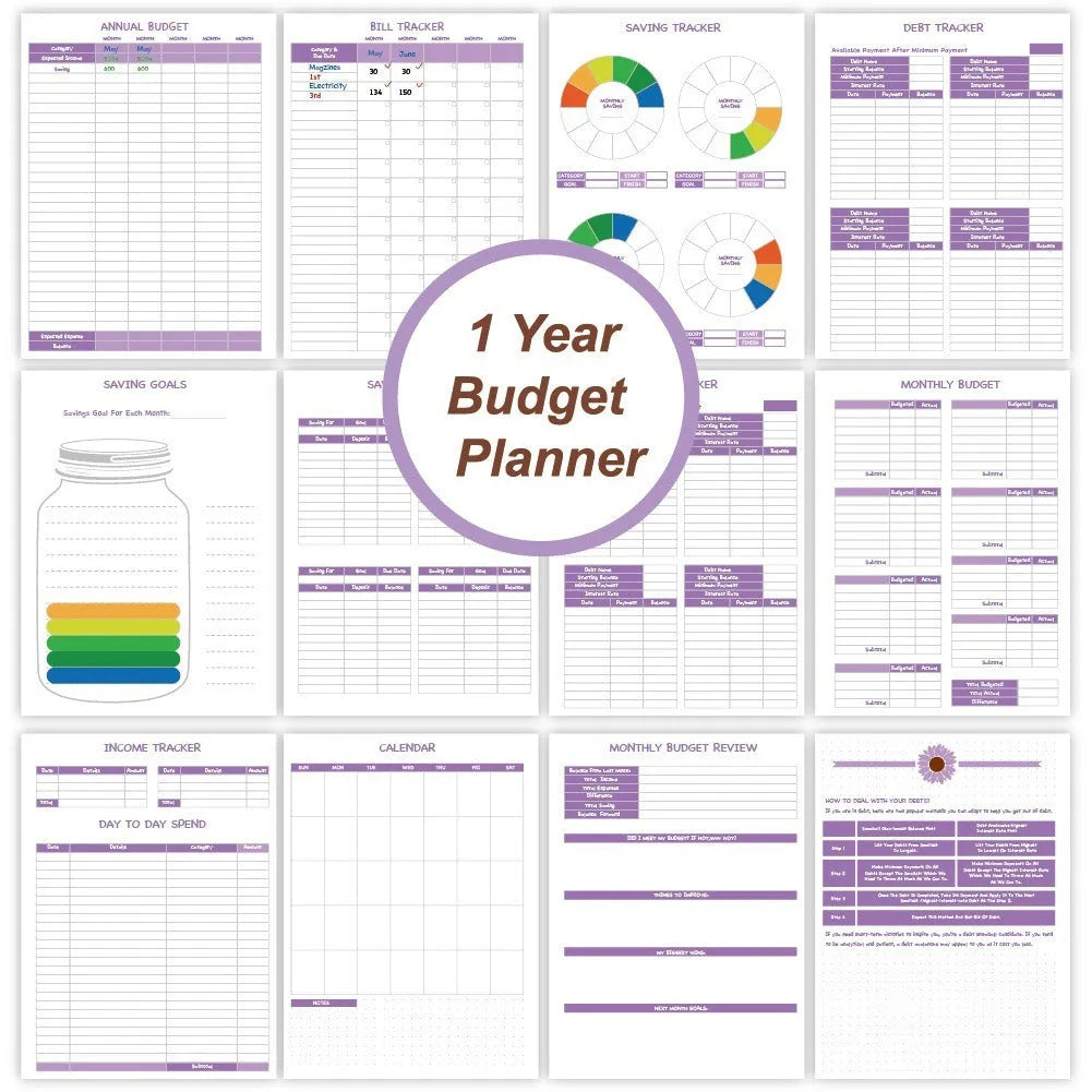 Purple coil-bound budget book open showing monthly financial planning layout with stickers and paper clips