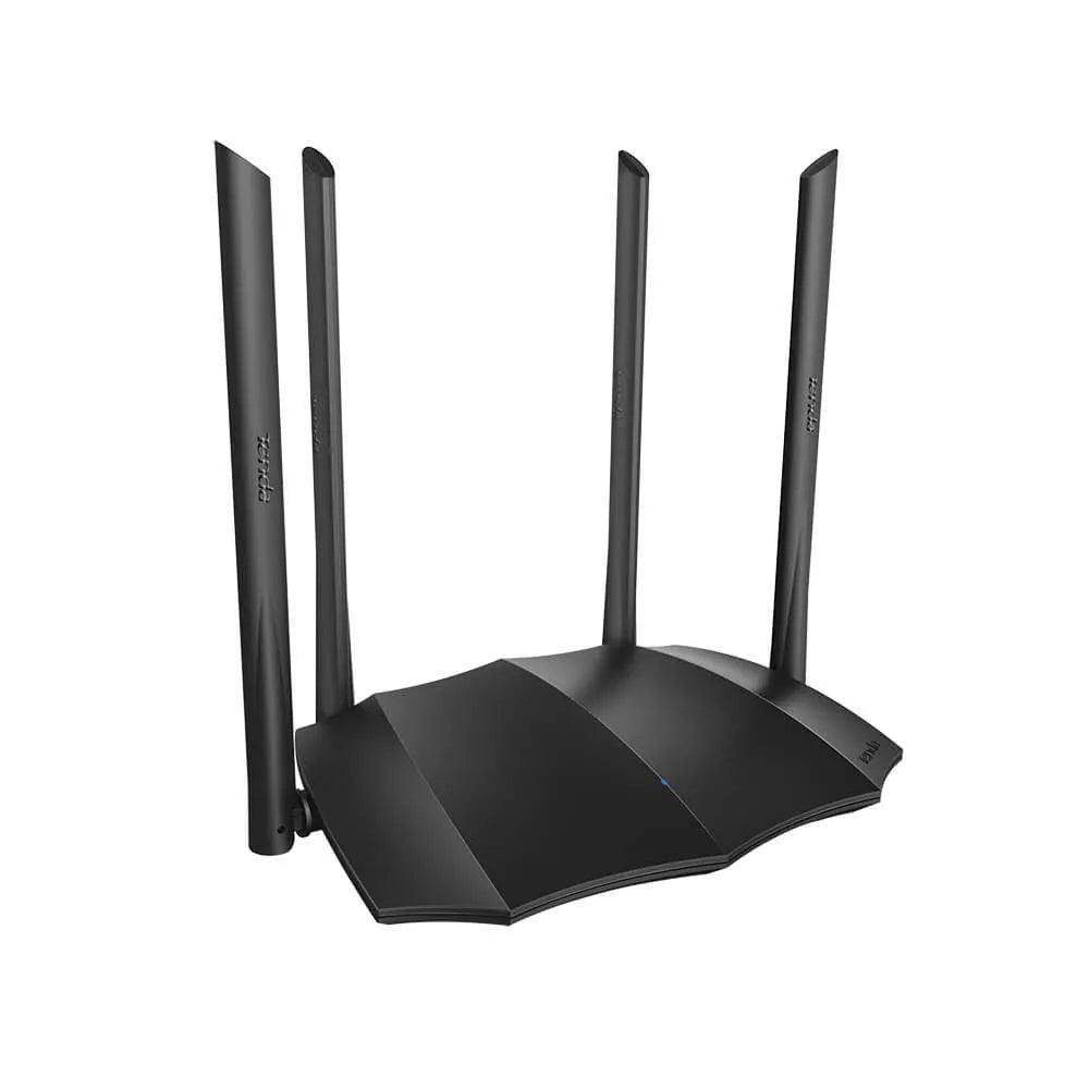AC8 dual-band Gigabit wireless router with three LAN ports on a desk.