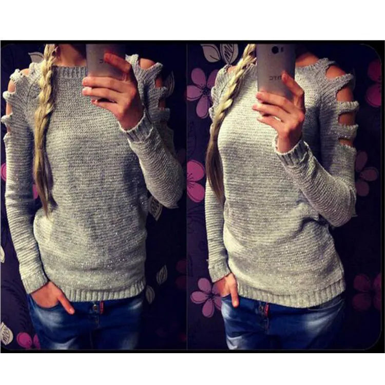 Women's grey knitted pullover shirt with round neck and crocheted hollow-out long sleeves