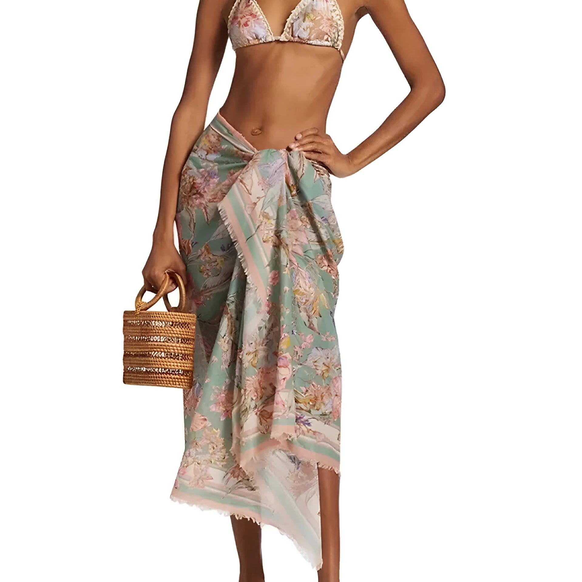 Women's creamy white floral print bikini set with matching skirt for swimming