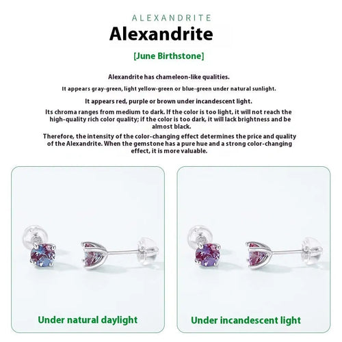925 silver ear studs with cultivated Alexandrite stone in geometric round setting