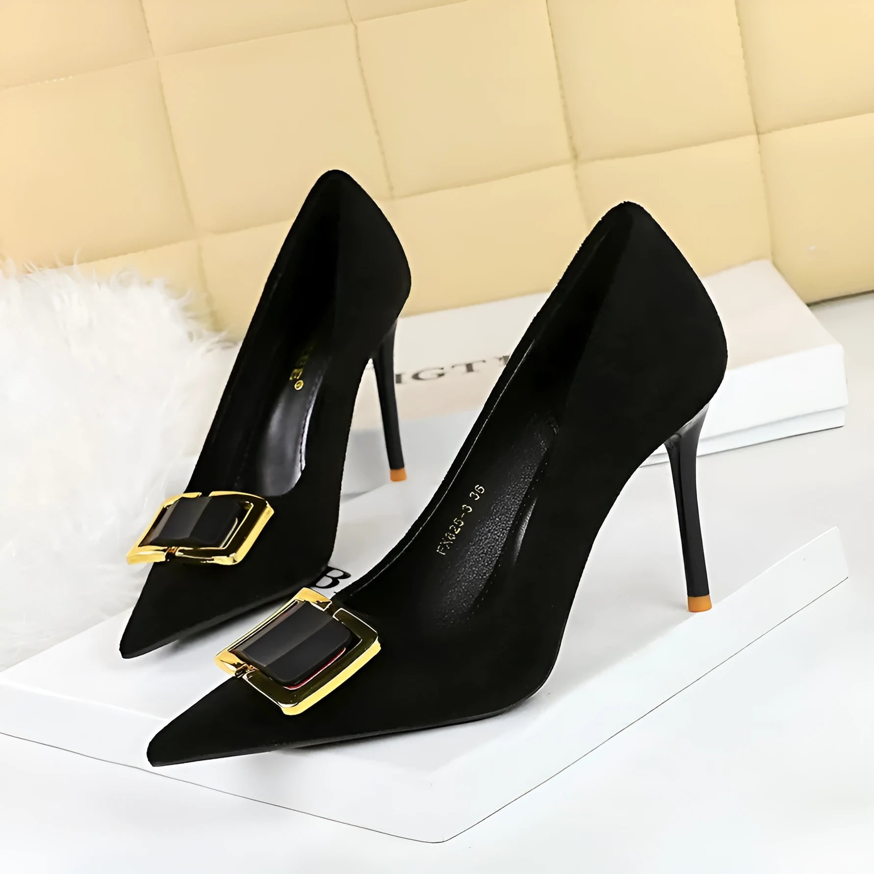 Black suede women's stiletto heels with 9cm heel and pointed toe