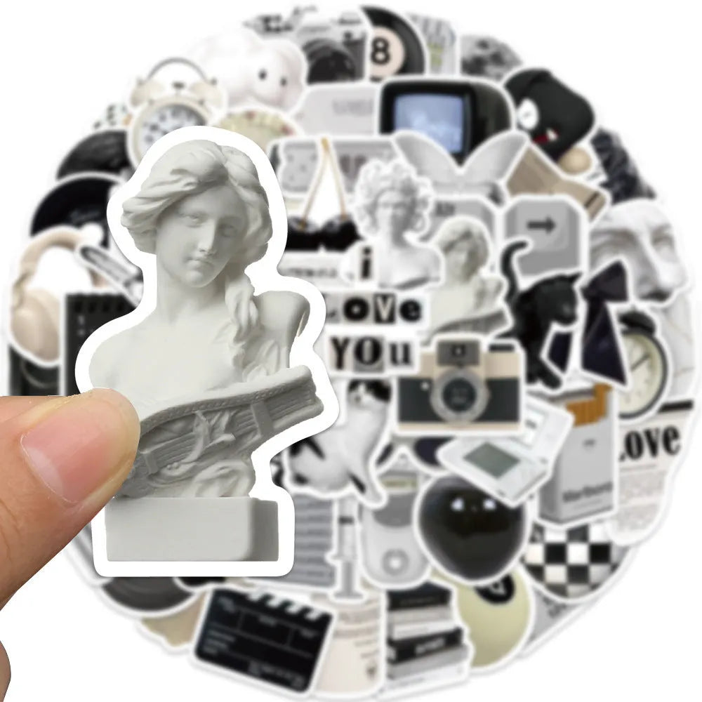 61-piece pack of black and white simple design PVC waterproof stickers for laptops and phones.