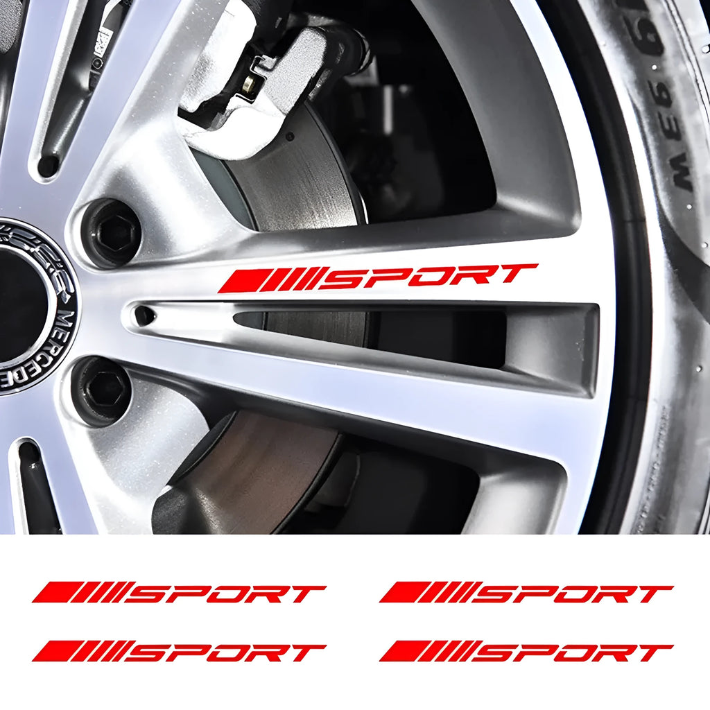 PET car rim stickers with hollow sports design in black, red, and white colours