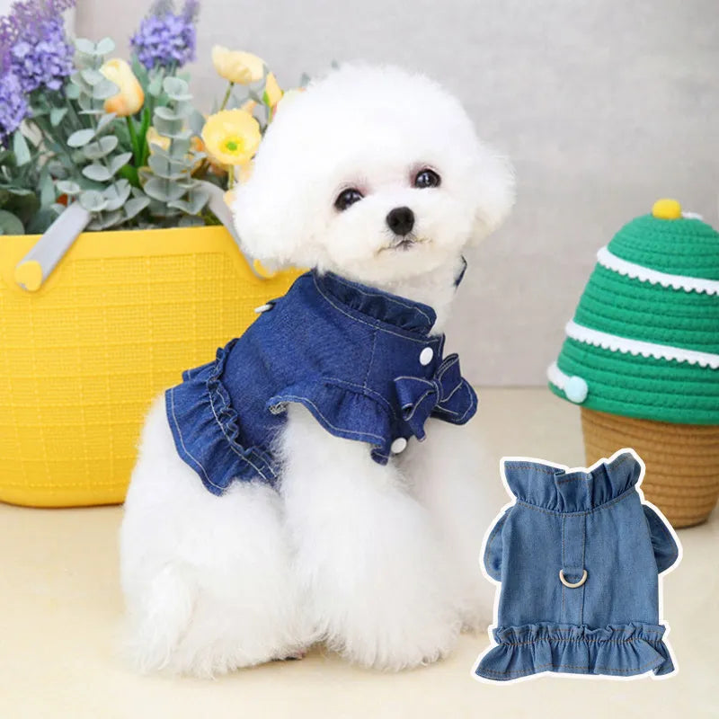 Blue denim dog dress with ruffles vest and back leash hook in five sizes