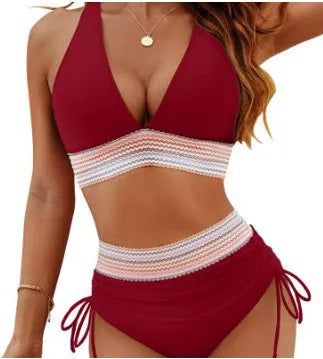 High waisted colour block bikini set with drawstring in polyester fabric for swimming