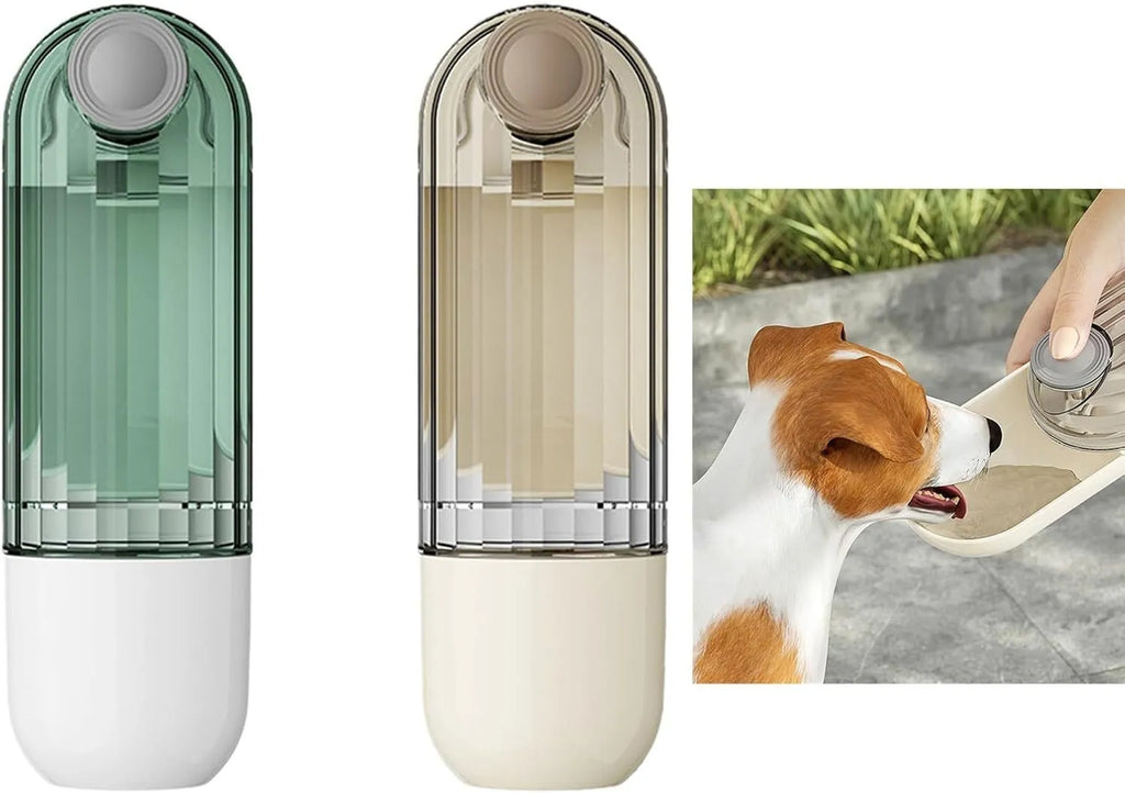 Foldable dog water bottle with food dispenser in beige colour for outdoor walking