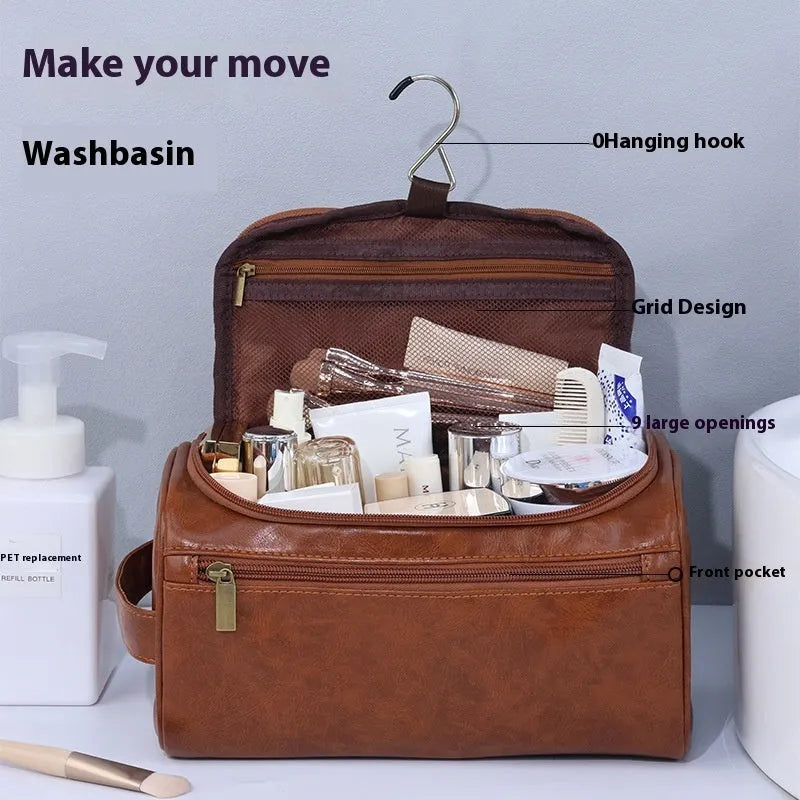 Large capacity waterproof cosmetic bag in retro style with skincare and makeup items inside