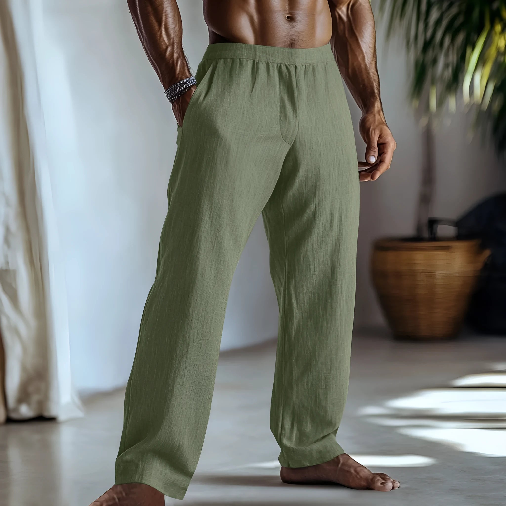 Straight-leg casual trousers in cotton and linen fabric in a solid colour with pockets.