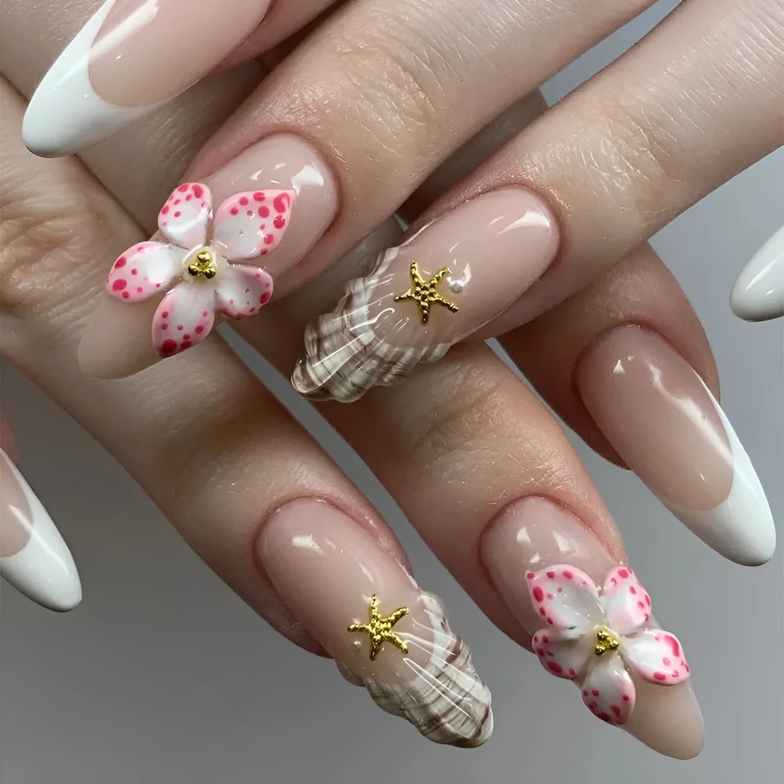 French style false nails with rock pattern flower designs in W1764 simple flowers colour pattern