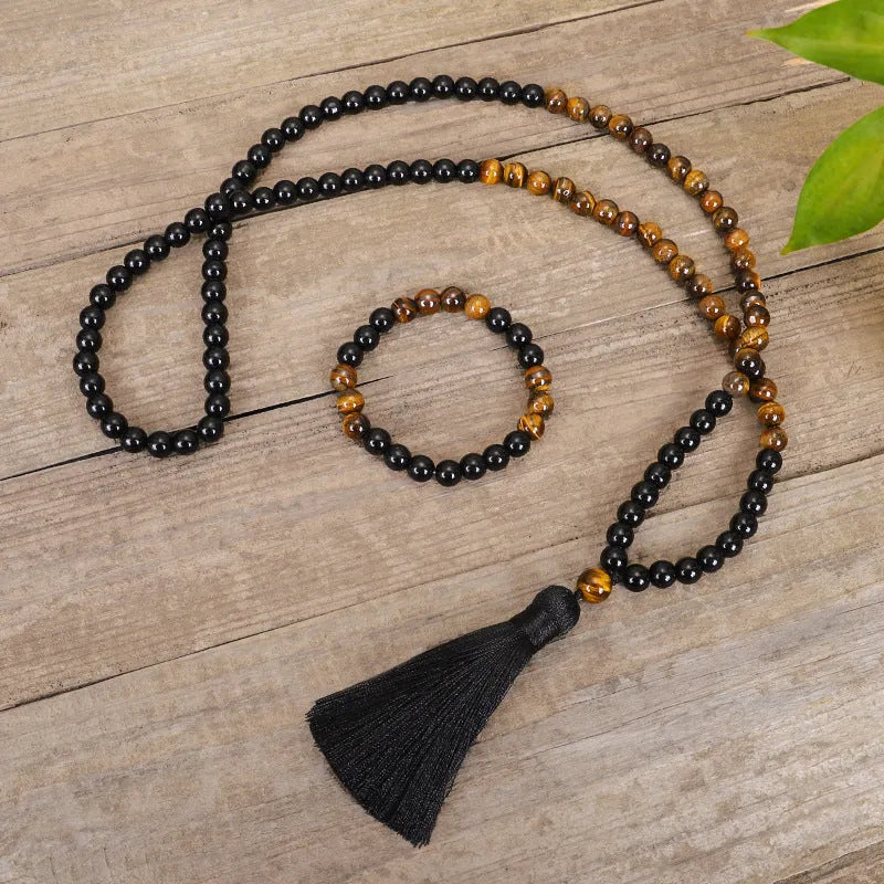 Tiger eye stone tassel pendant necklace bracelet with drop shape design and ball bead chain
