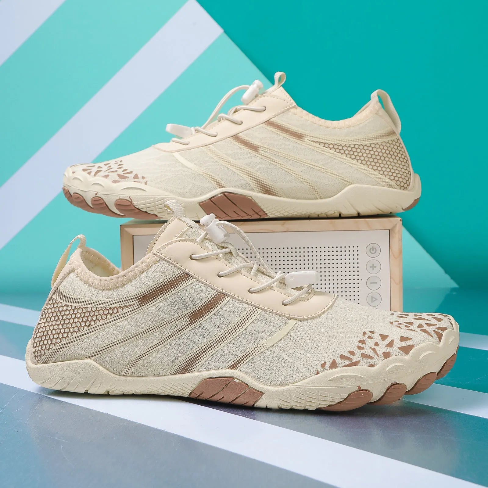 Unisex casual beach running shoes with Lycra stretch fabric uppers in beige colour.