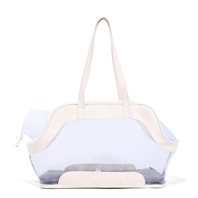 MOORPET leather cat carrier bag with handle, shown in a solid colour, for outdoor pet travel.