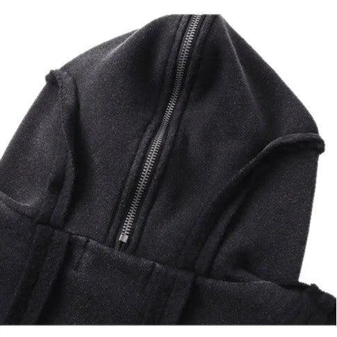 Black loose zip hooded coat with abstract pattern and padded cotton construction