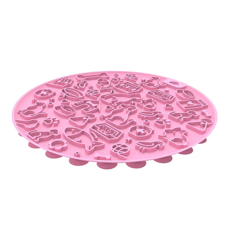 Round blue silicone pet licking mat with suction cup and textured surface for slow feeding.