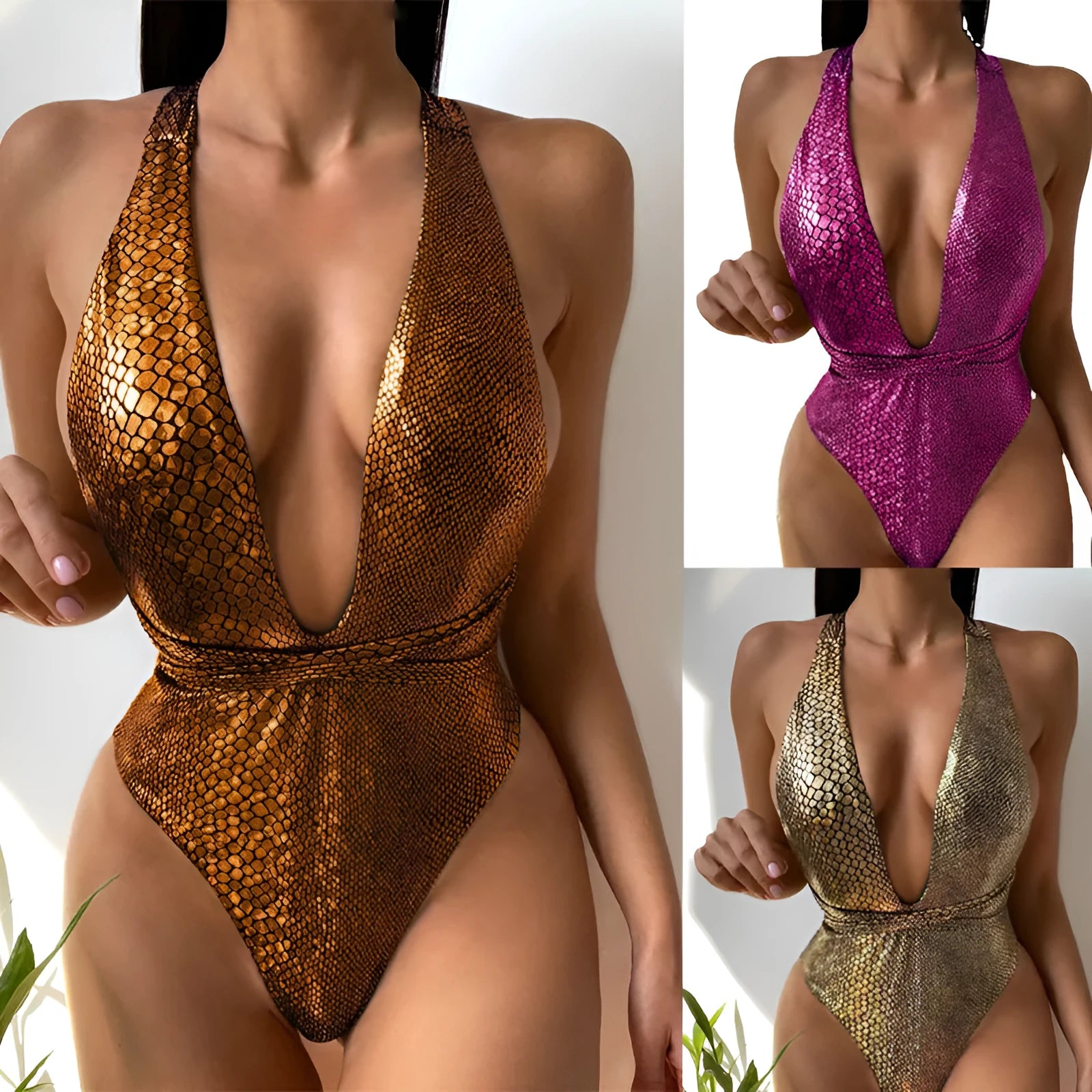 Women's sequined one-piece swimsuit in solid colour with polyester lining