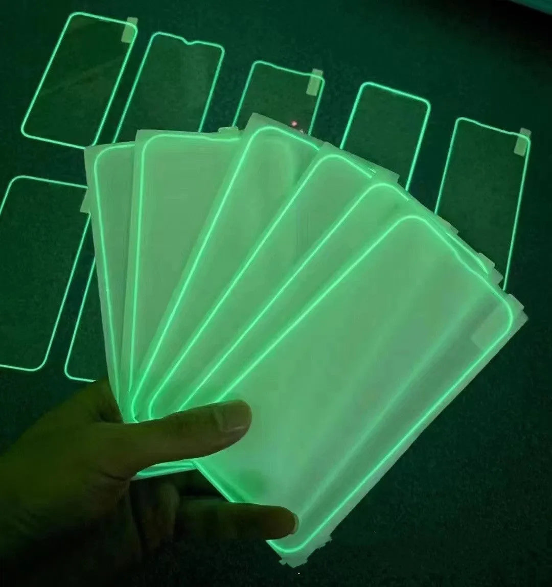 Fluorescent tempered glass screen protector for iPhone showing luminous pink, yellow, green, blue and grass green colour options.
