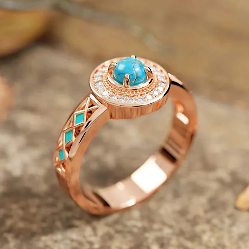 Women's turquoise ethnic ring with geometric zircon designs in rose gold colour