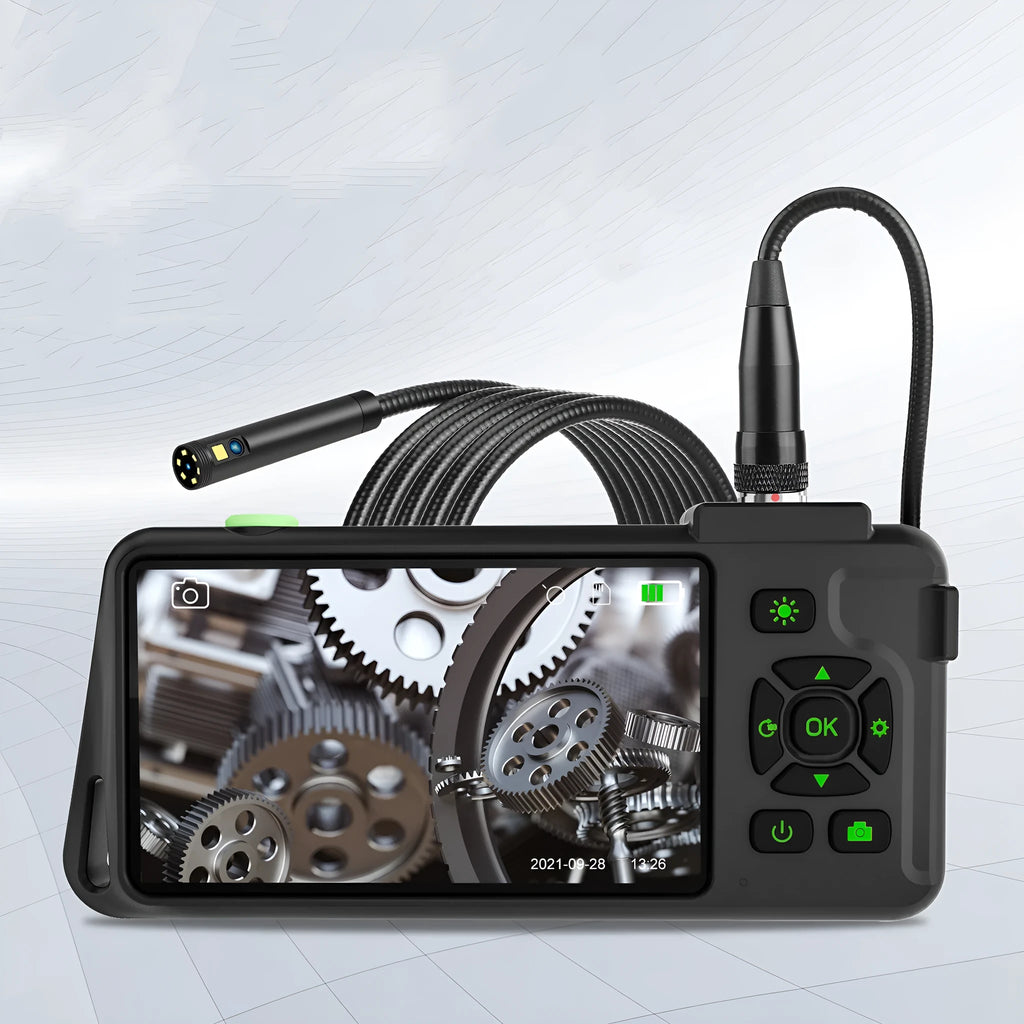 Handheld industrial endoscope with 4.5-inch colour screen and 1 metre inspection cable extended