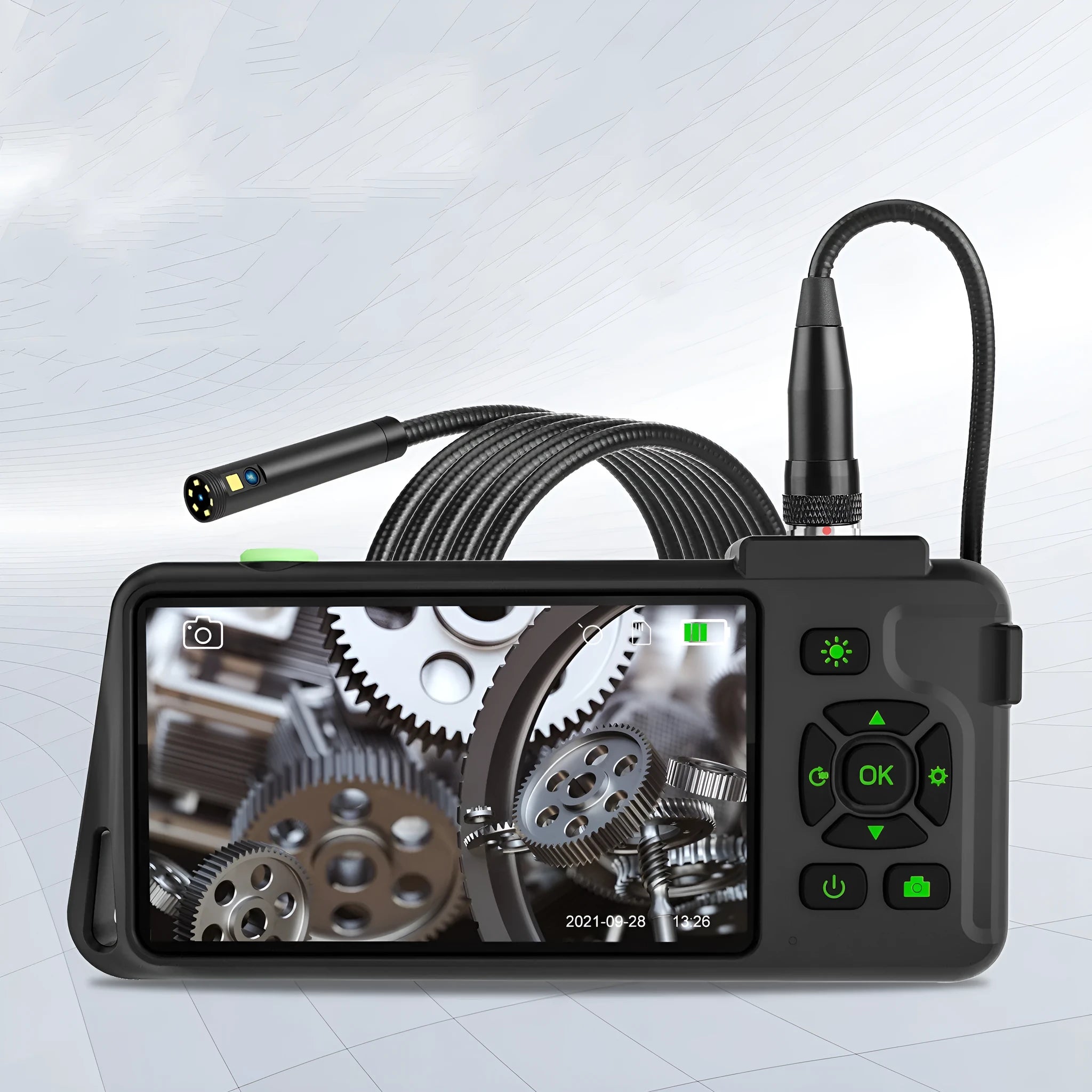 Handheld industrial endoscope with 4.5-inch colour screen and 1 metre inspection cable extended