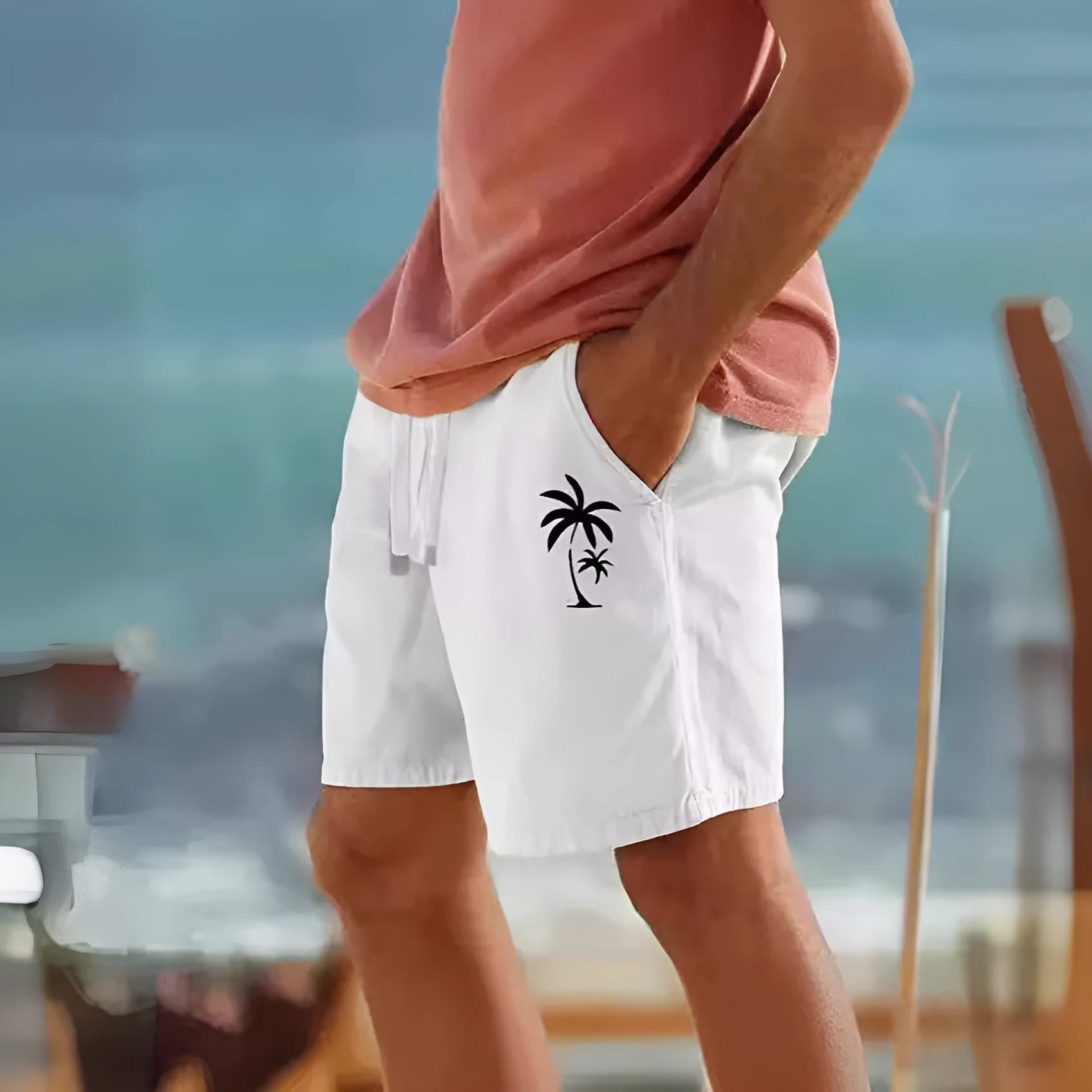 Men's straight-leg drawstring shorts in cotton blend fabric with micro elasticity