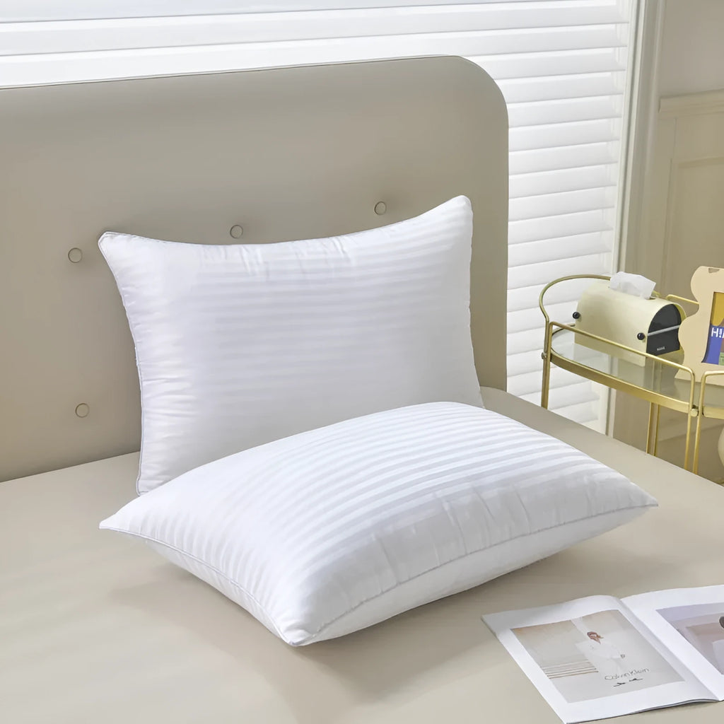 White hotel cotton satin stripe pillow with feather cotton fill in three size options