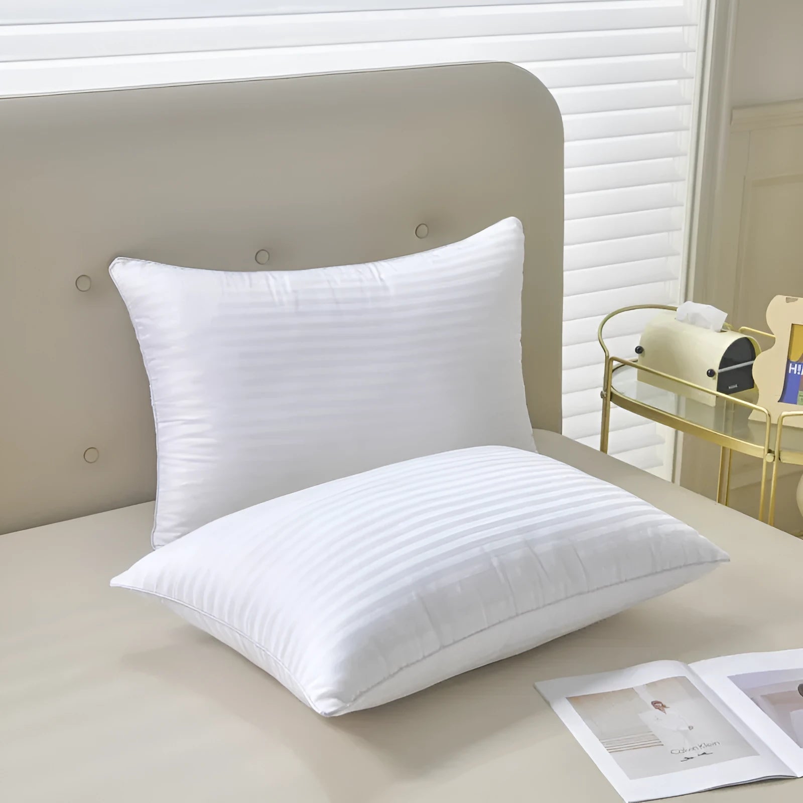 White hotel cotton satin stripe pillow with feather cotton fill in three size options
