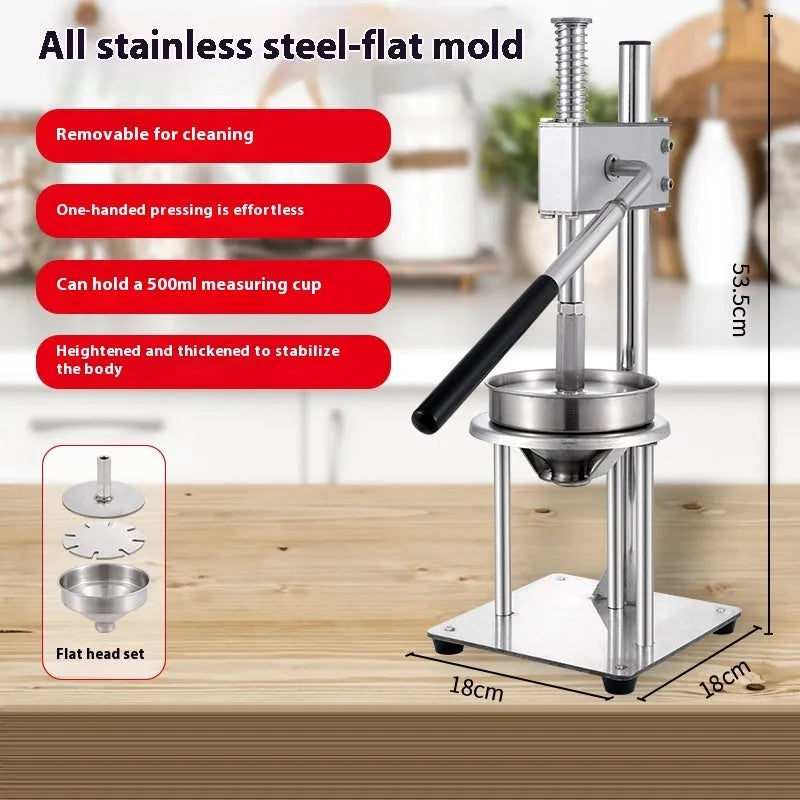 Manual stainless steel citrus juicer with quick-disassembly mechanism and choice of flat or pointed die.