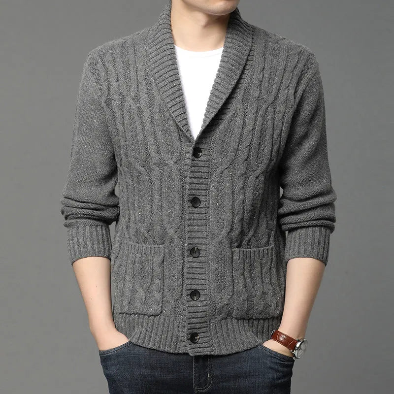 Men's Korean style jacquard patterned knitted jacket in chemical fibre blend fabric