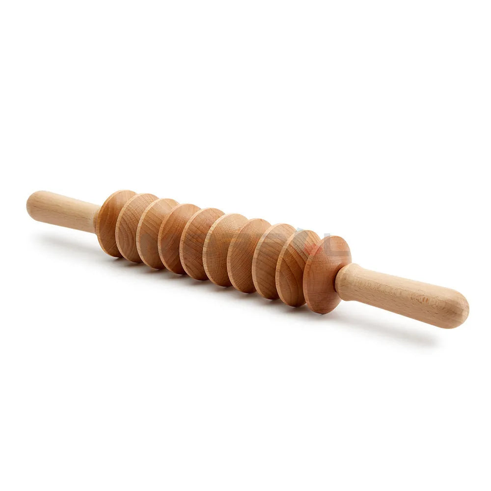 Beech wood massage roller set showing T-shaped and multiple wheeled rollers for muscle tension.