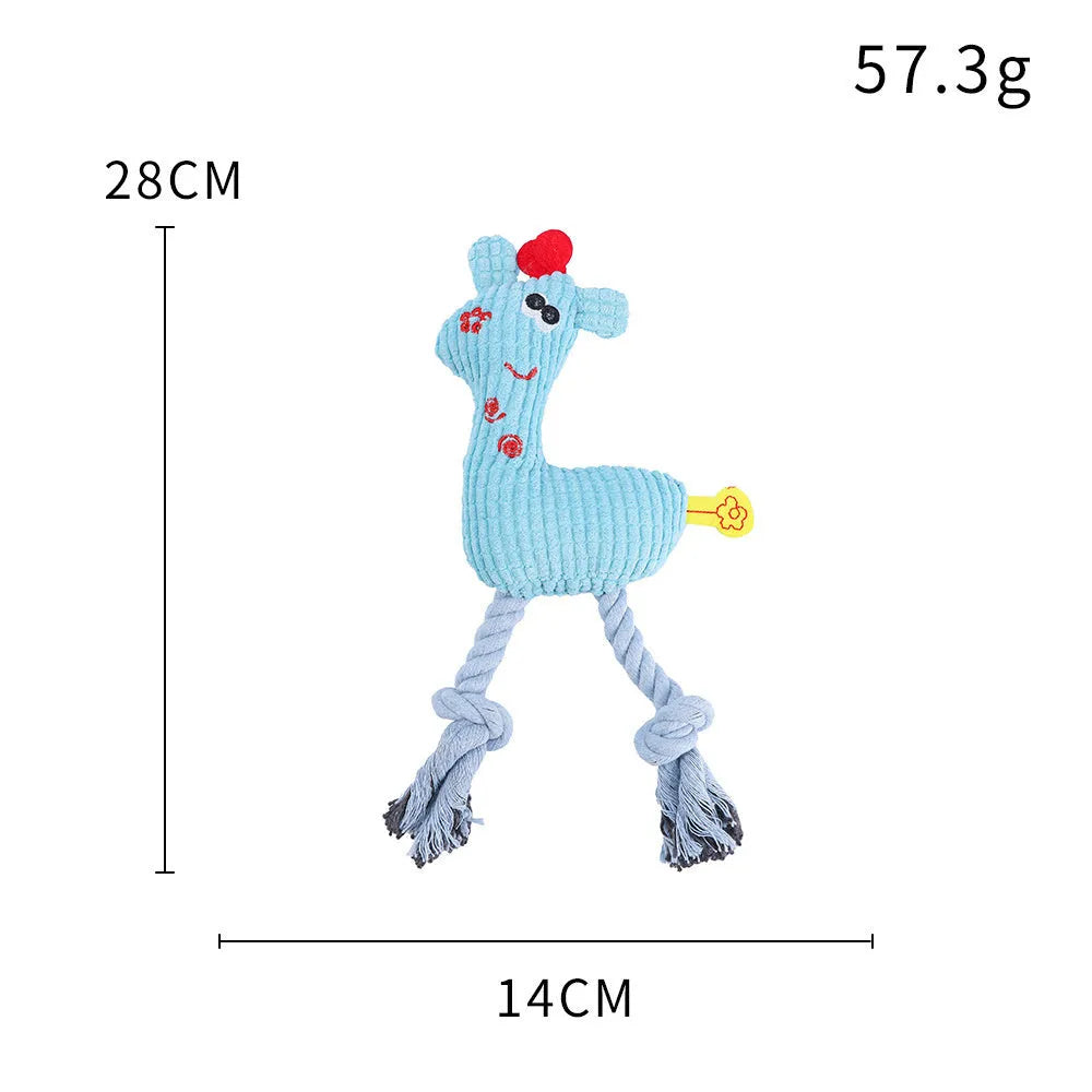 Blue deer-shaped plush dog toy with corn grain texture lying on a neutral background.