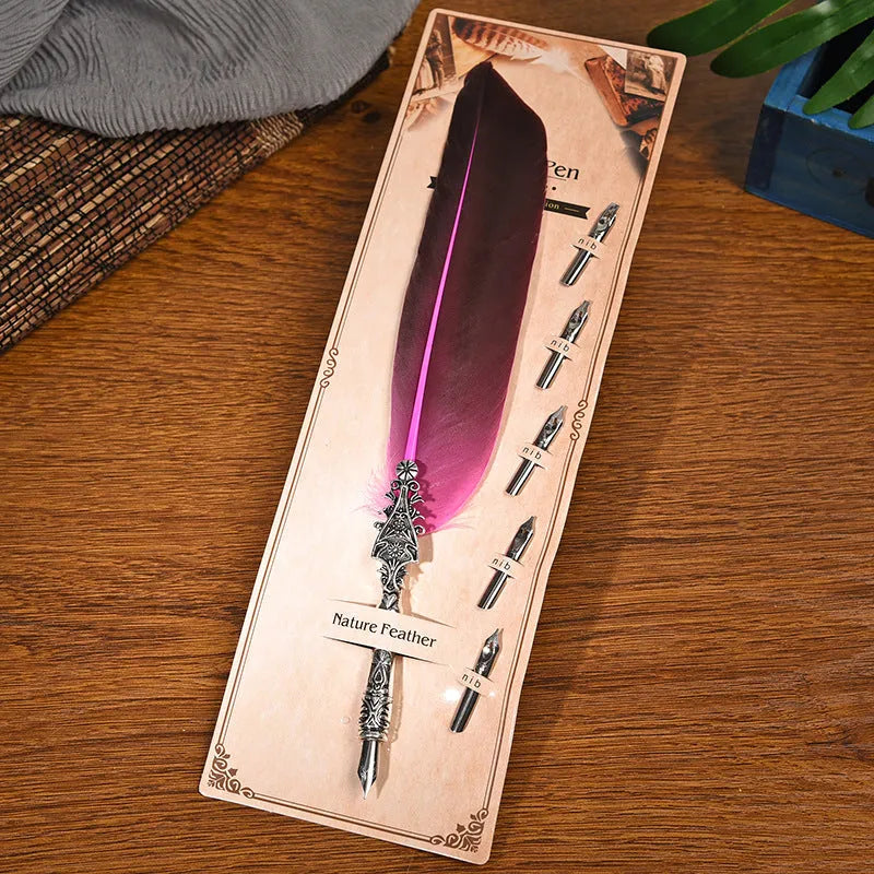 Vintage feather pen with zinc alloy shell in choice of ten colours including black, blue, and red.
