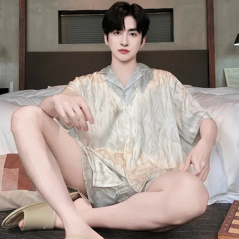 Men's ice silk pajama set in a blue houndstooth pattern, showing cardigan top and shorts.